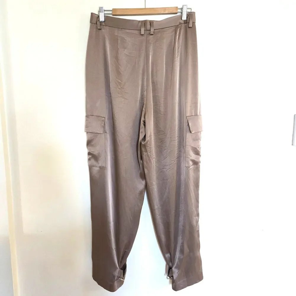 Babaton Aritzia Size 10 Champagne Taupe Refined Satin Cargo Wide Leg Pants - Picture 3 of 10